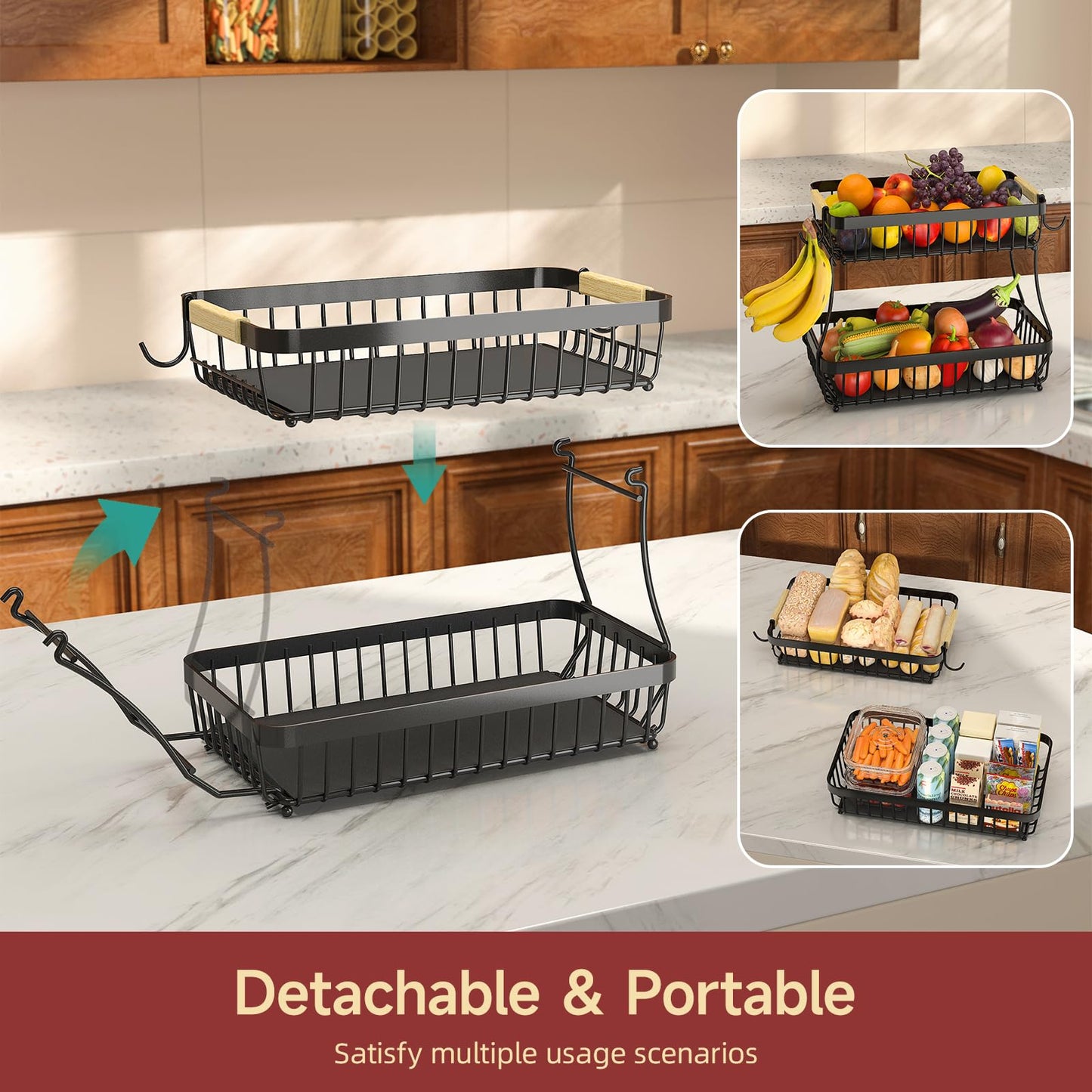 Sevenblue 2 Tier Large Fruit Basket for Kitchen Counter with 2 Mobile Banana Hangers, 2026 Pro Detachable Metal Fruit Bowl with Wooden Handle, Fruit Holder for Bread Snack Veggies with Protective Mats
