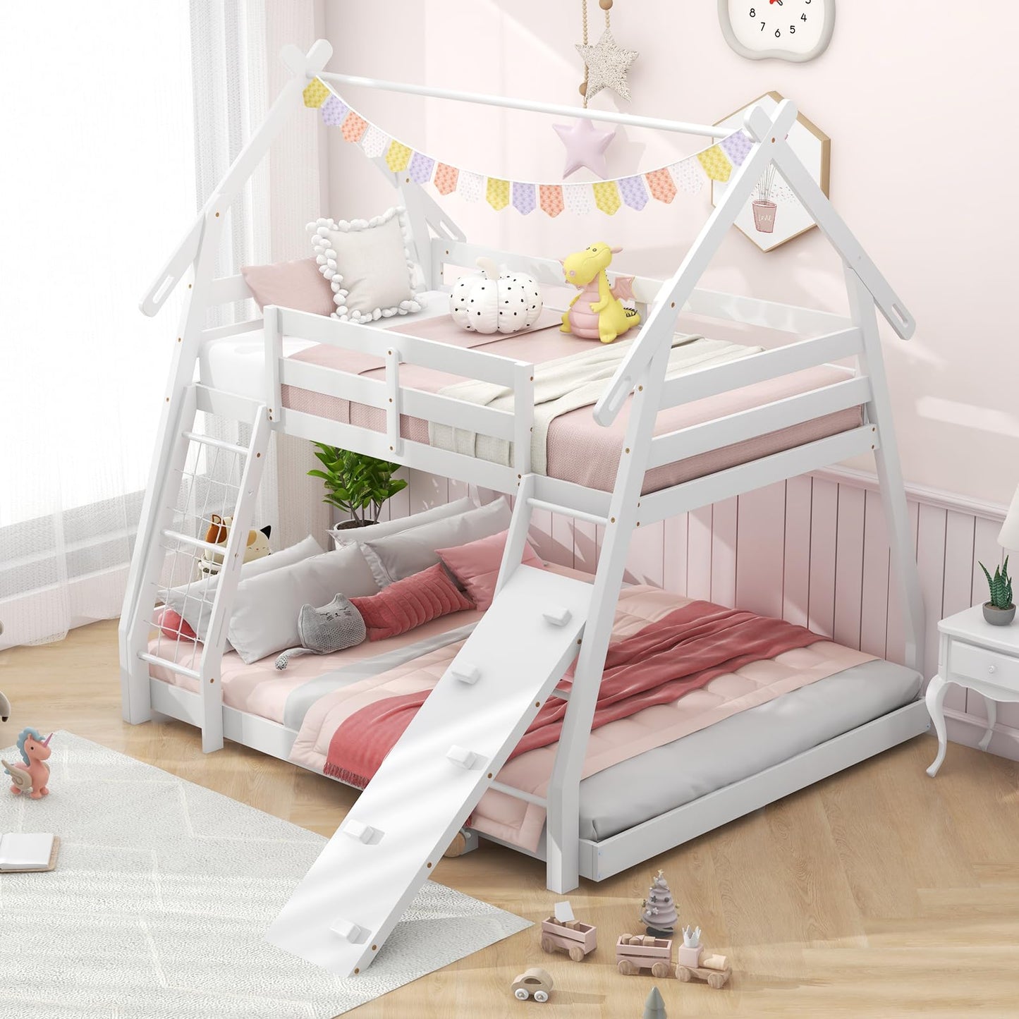 KOMFOTT Wood Twin Over Queen House Bunk Bed, Playhouse Floor Low Bunk Bed with Climbing Nets & Ramp, Space Saving Solid Wood Bunk Bed Frame with Safety Guardrails, Not Box Spring Required (White)