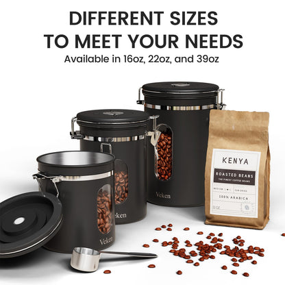 Veken Large Coffee Canister with Window, Kitchen Food Storage Airtight Stainless Steel Container for 2.2lbs Coffee Beans, Grounds, Rice,Tea, Flour, Cereal, Sugar Jars,Date Tracker and Scoop 39oz,Black