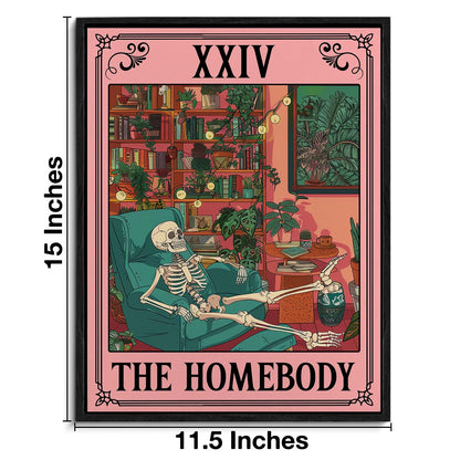 Spooky Framed Canvas Wall Art the Homebody Tarot Card Poster Print Wall Decor Sarcastic Skeleton Painting for Home Office Living Room Bedroom Decoration 11.5x15 Inches