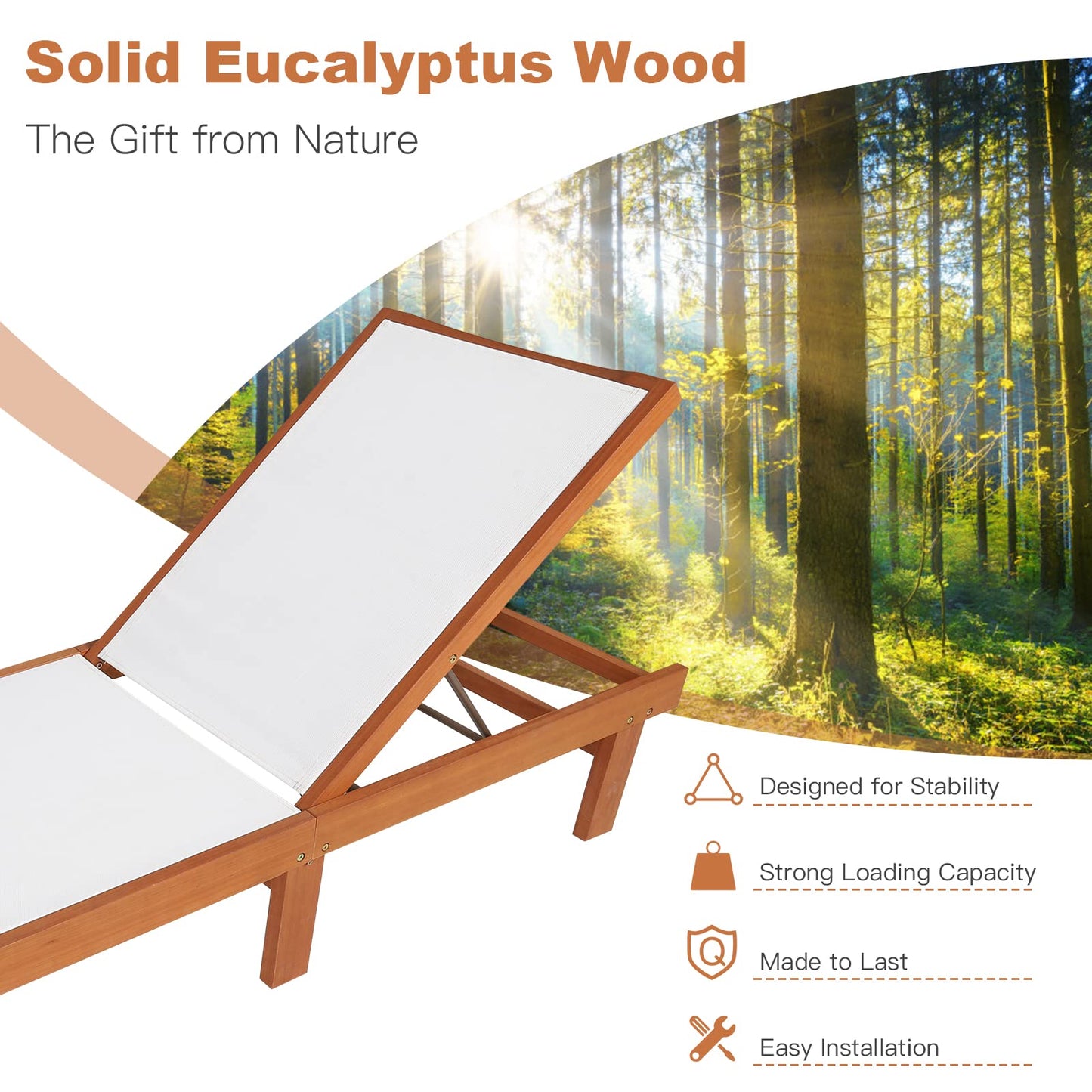COSTWAY Set of 2 Patio Wood Chaise Lounge Chair, Strong Eucalyptus Wood Frame, 5-Position Adjustable Outdoor Recliner with White Mesh (White)