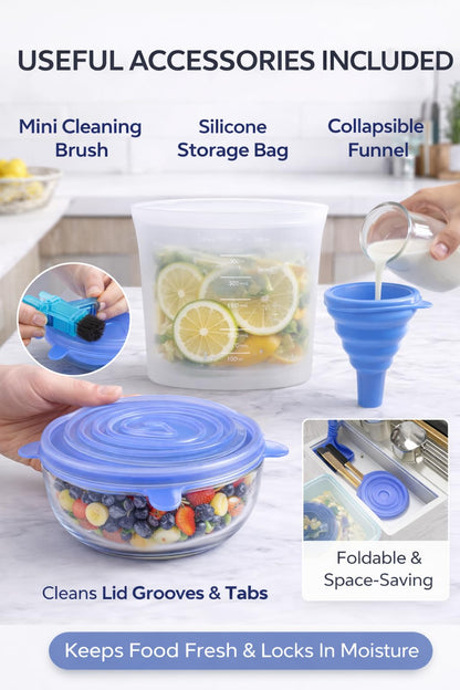 IZEM Premium Reusable Silicone Stretch Lids Set – 12 Pack (6 Round Blue + 6 Rectangle White) BPA-Free, Airtight & Leakproof Bowl Covers + 500ml Silicone Bag, Funnel & Brush