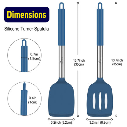 HOTEC Silicone Spatula Set of 2 Heat-Resistant 600°F & BPA-Free Kitchen SaptulaTurner with Stainless Steel Handles, Slotted & Solid Spatulas for Nonstick Cookware, 13.7 Inch, Classic Blue