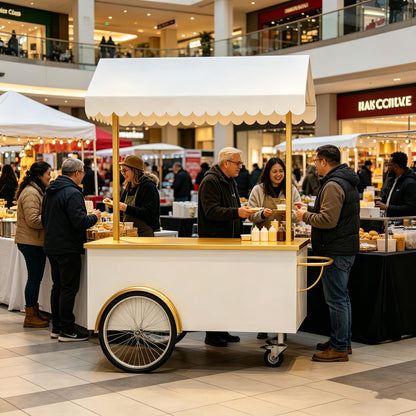 FUNEWBO Luxury White Gold Vendor Cart with Scalloped Awning,Wheeled Food Display Trolley,Elegant Serving Cart for Wedding,Party & Small Business(47.2 * 27.5 * 78.7in, White)
