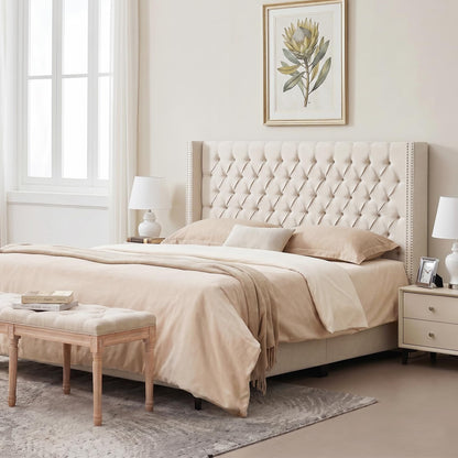 Madison Park Amelia Upholstered Headboard | Nail Head Trim Wingback Button Tufted | Queen, Cream
