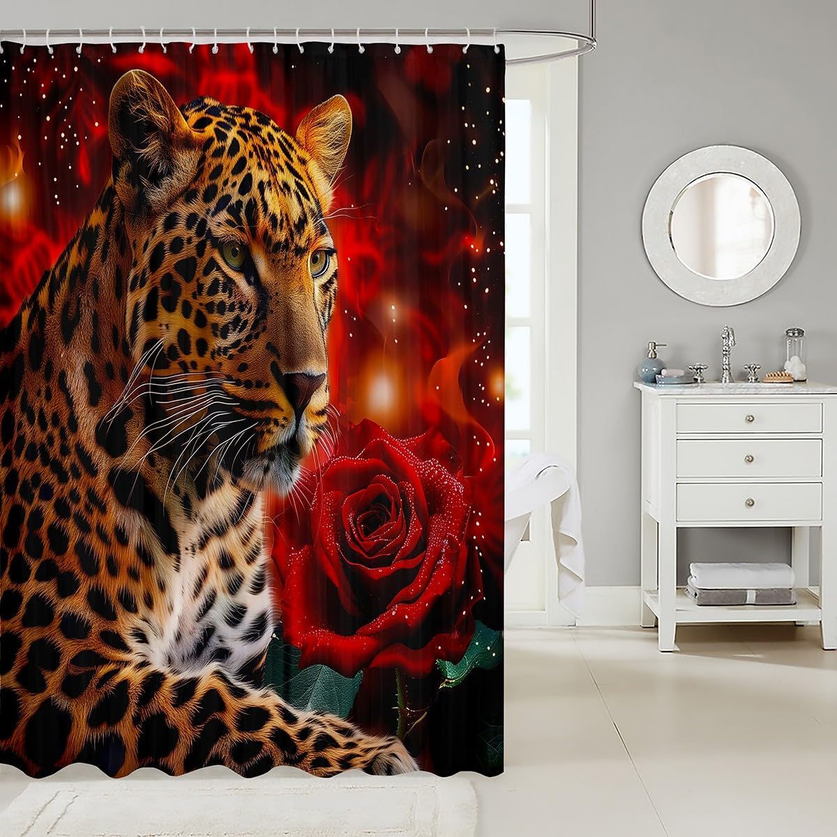 Rose Cheetah Shower Curtain, Leopard Print Bath Curtain 72 Long, Romantic Red Flowers Waterproof Bathroom Decor for Kids