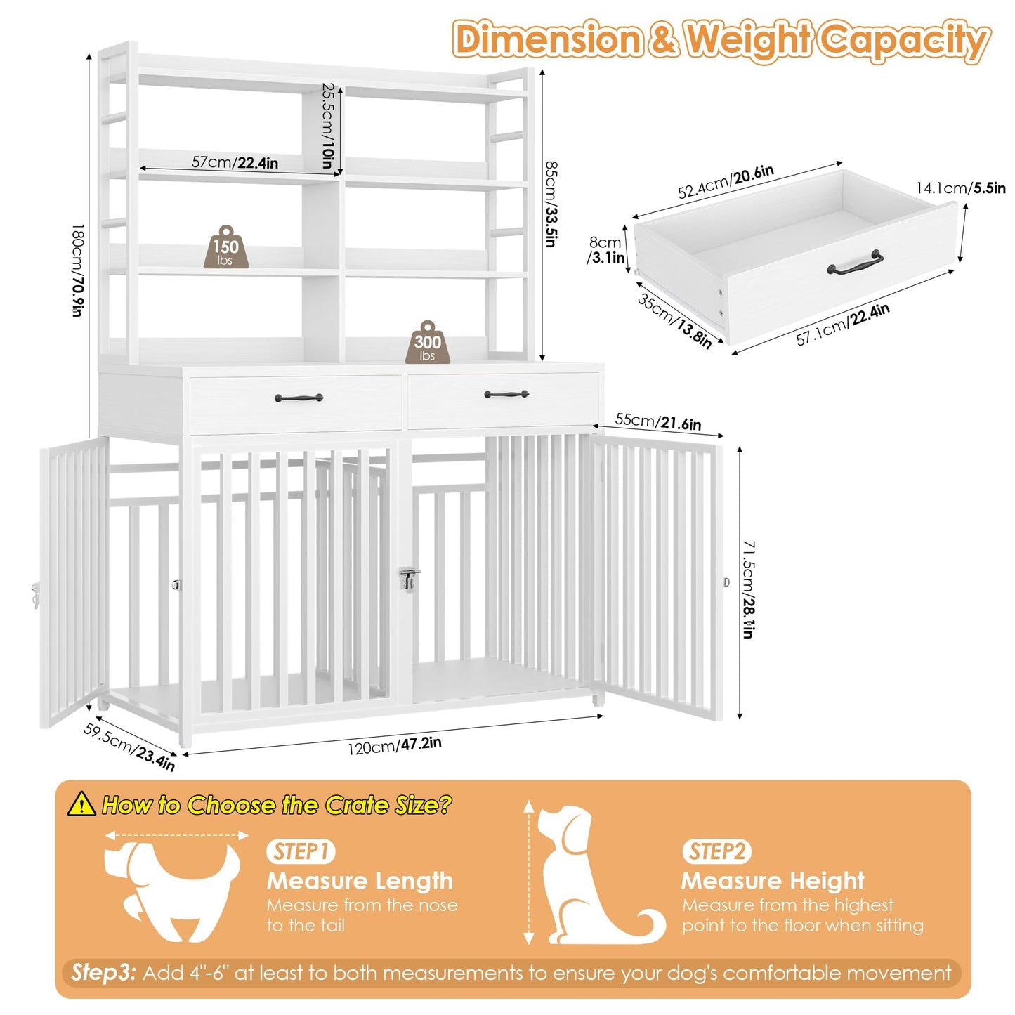 Keyluv 71''H x 47.2''W Large Dog Crate Furniture with 4-Tier Shelves and 2 Storage Drawers, Heavy Duty Dog Cage Furniture with 2 Doors, Wood & Metal Dog Kennel Indoor for Small/Medium/Large Dog, White