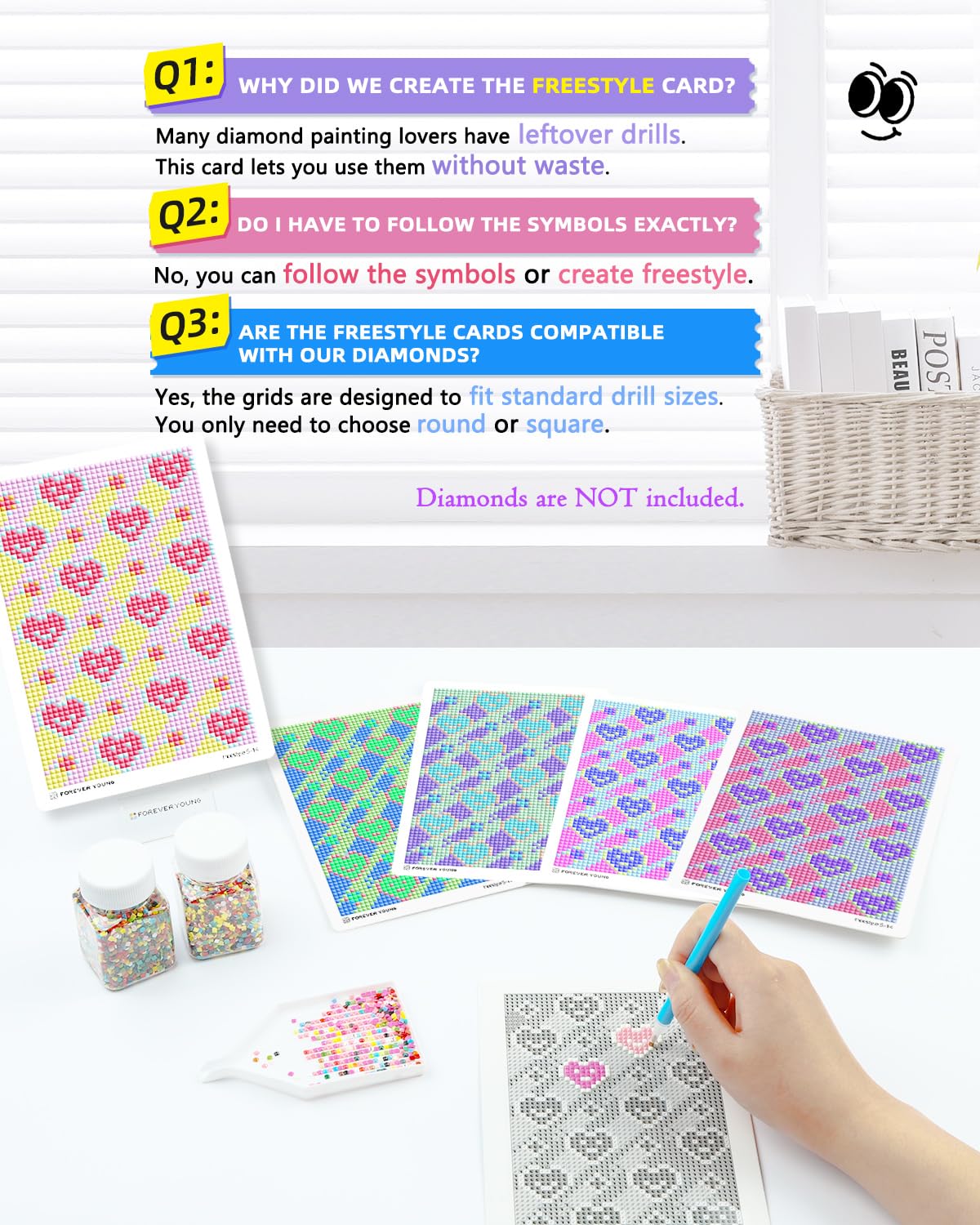 forever young 24 Designs Diamond Freestyle Cards for Beads, 5x7 Blank Diamond Art Cards with Glue for Square Dots for Adults, Postcard-Style Diamond Painting Accessories (No Drills)