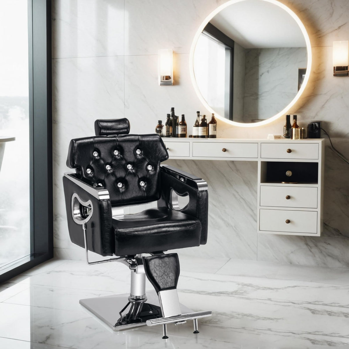 BarberPub Barber Chair Reclining Salon Chair for Hair Stylist, Antique Hair Spa Salon Styling Beauty Equipment 8132 (Black)