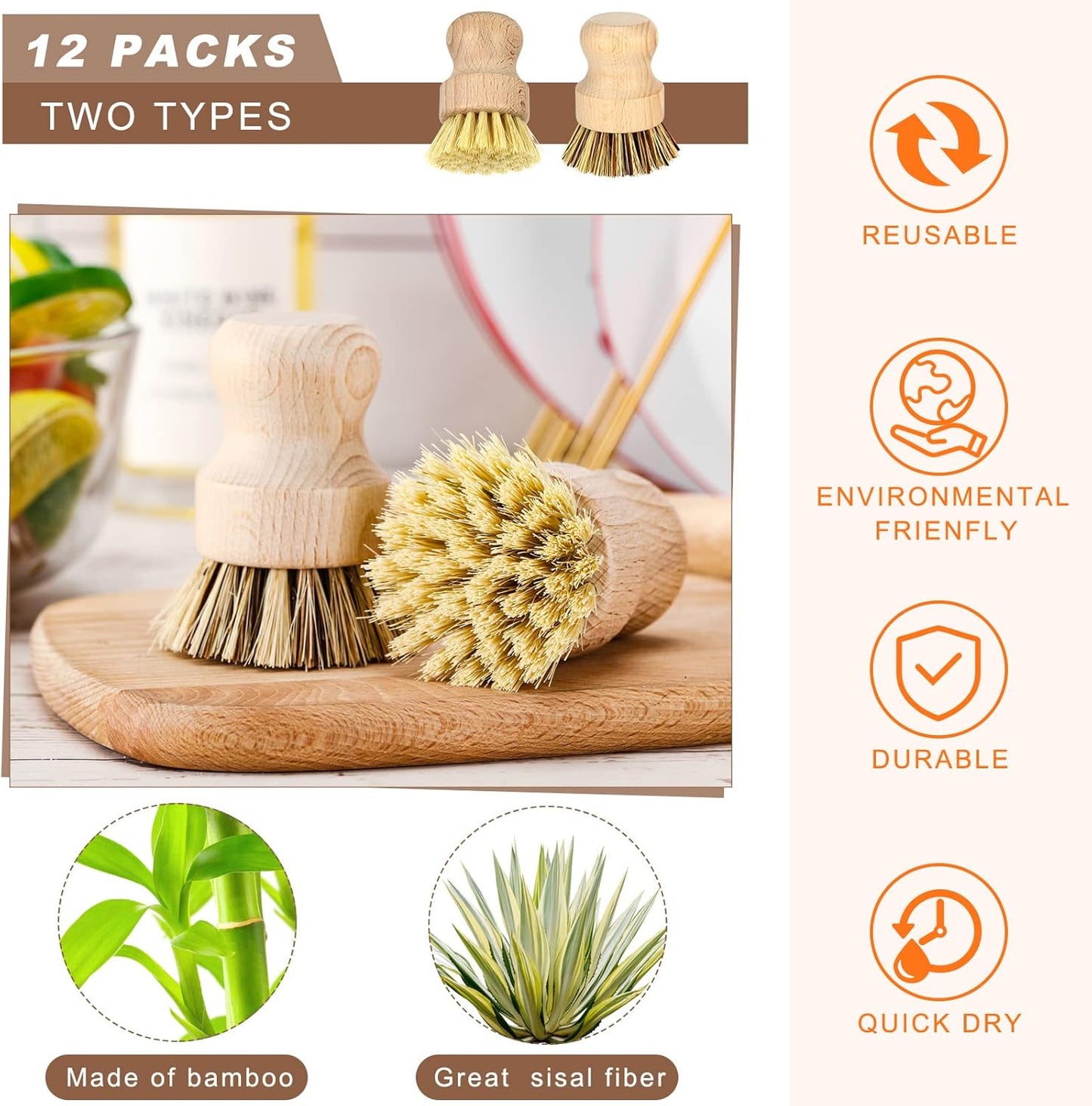 12 Pcs Bamboo Dish Brush, Wooden Scrubber Sisal Bristle Kitchen Wood Brushes for Cleaning Mini Dish Scrubber for Food