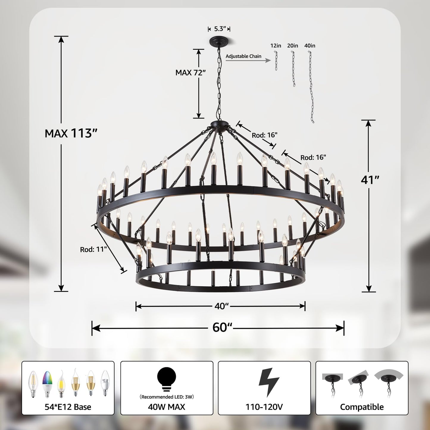 VBKK 60-Inch Black Extra Large Wagon Wheel Chandelier, 2 Tier 54-Light Farmhouse Chandeliers Industrial Round High Ceiling Pendant Light for Dining Room, Living Room, Entryway, E12