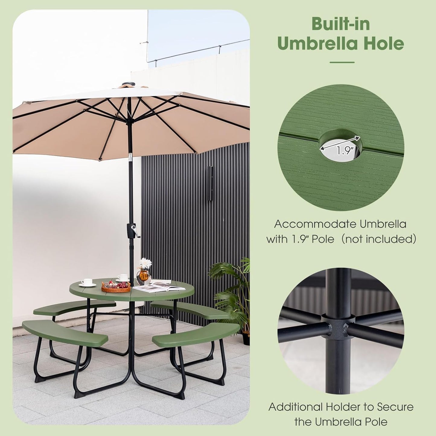 Julimoon Round Picnic Table for Outdoors, 8 Person Outdoor Picnic Tables & Benches Set with Umbrella Hole, HDPE Tabletop & Metal Frame, 2000 LBS Capacity Table Bench Set for BBQ, Garden, Lawn, Patio