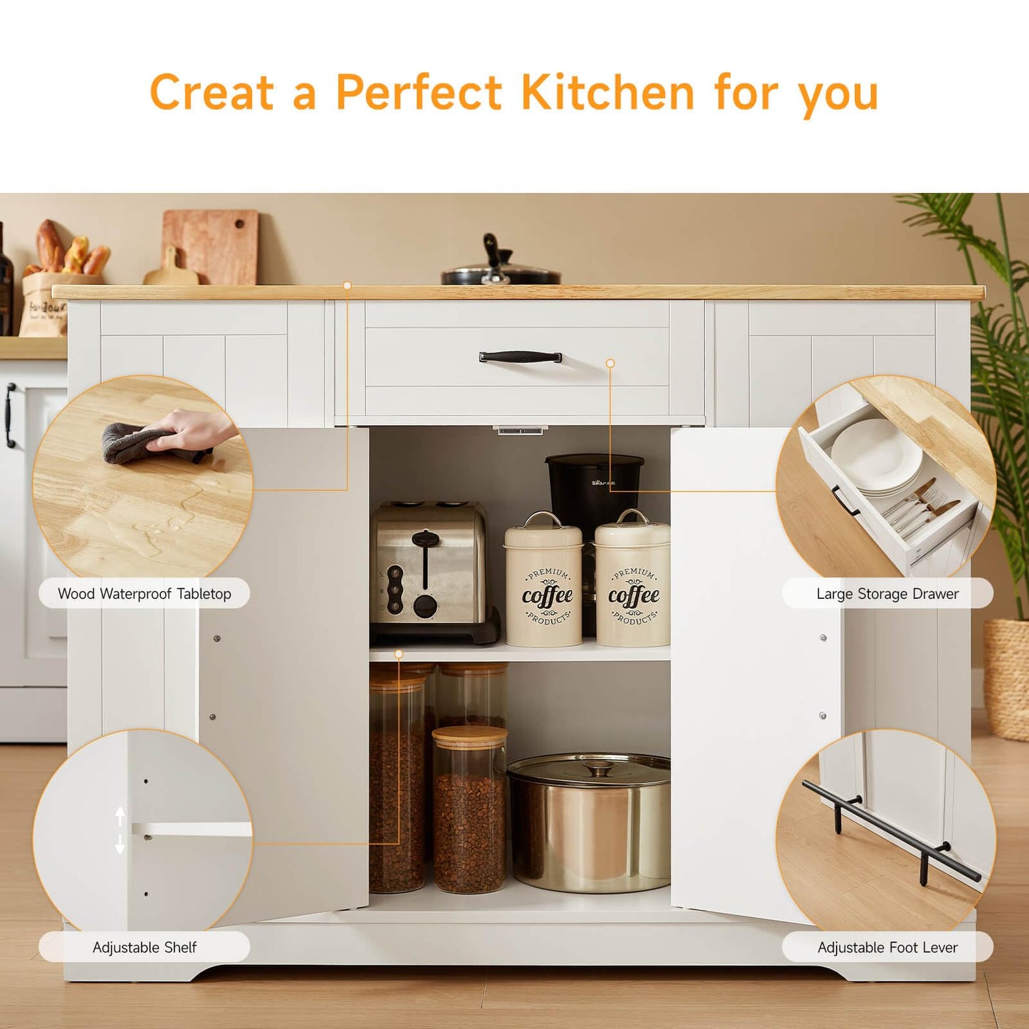 ONBRILL Stationary Kitchen Islands Include 2 Chairs, 47" Kitchen Island with Drop Leaf, Home Bar Table with Spice Rack & with Trash Cabinet, Island Table for Dining Room with Power Outlet, White