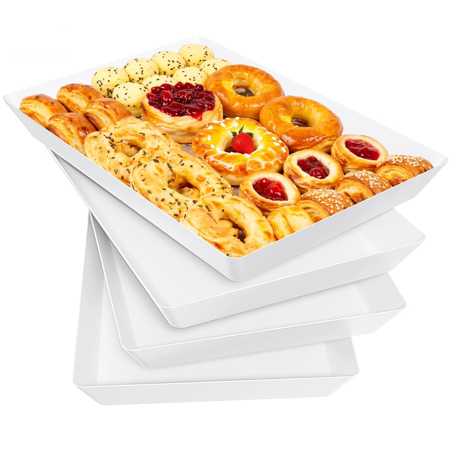 4-Pack Serving Tray, Serving Platter for Parties, Entertaining, Camping & Food Display, Reusable & Stackable Plastic Trays in Kitchen, Rectangular Food Platters for Cookie, Appetizer(White)