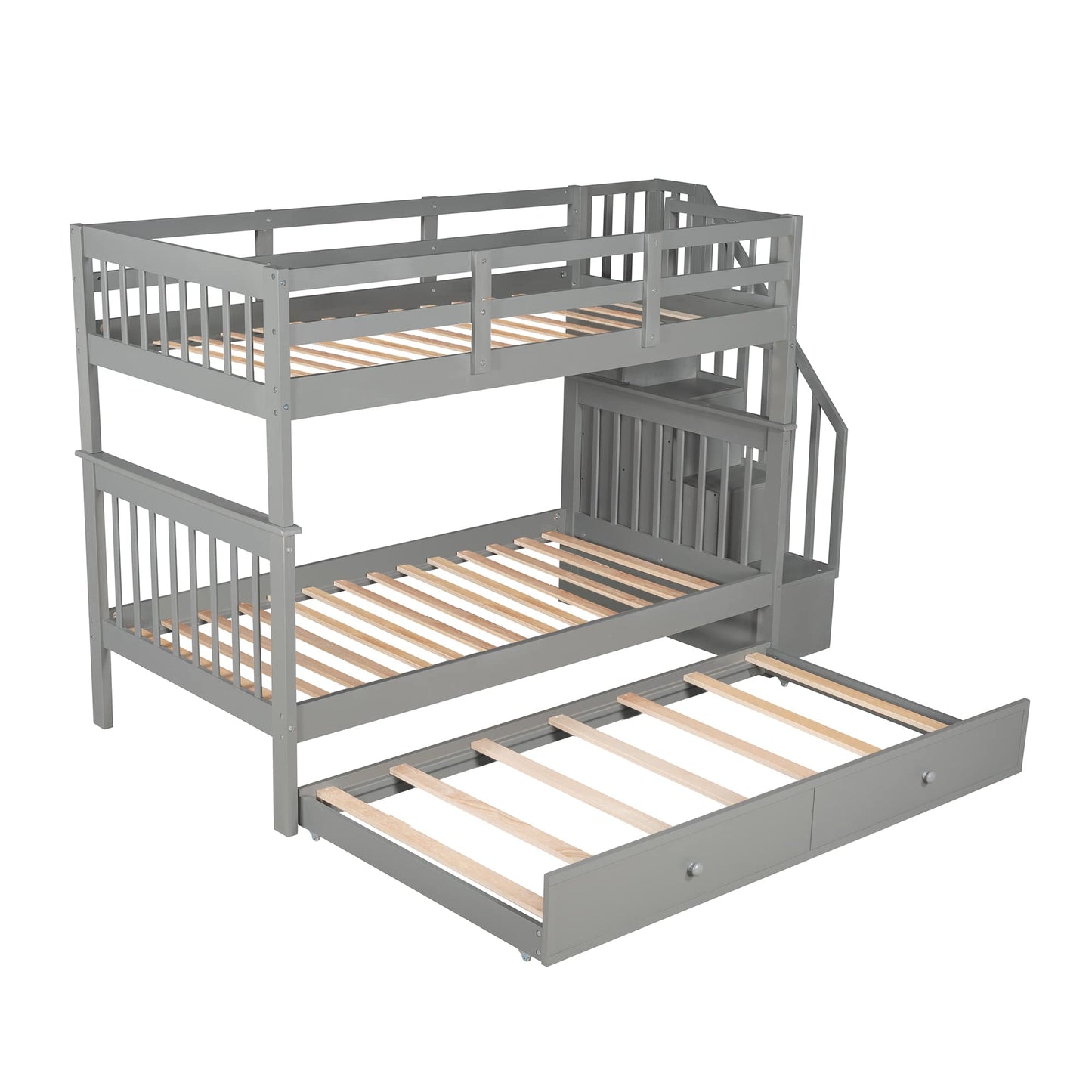 Merax Twin-Over-Twin Bunk Bed with Twin Size Trundle, Soild Wood Stairway Bunk Bed with Storage and Guard Rail for Teens, Adults, Gray