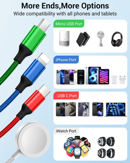 Temdan for Travel Vacation Essentials,3 in 2 USB C Cable for Apple Watch Charger/iPhone 17 Charger/Lightning,Multi Charging Cable Cord,Camping Essentials,Designed for iWatch &iPhone 16-12-5FT Purple