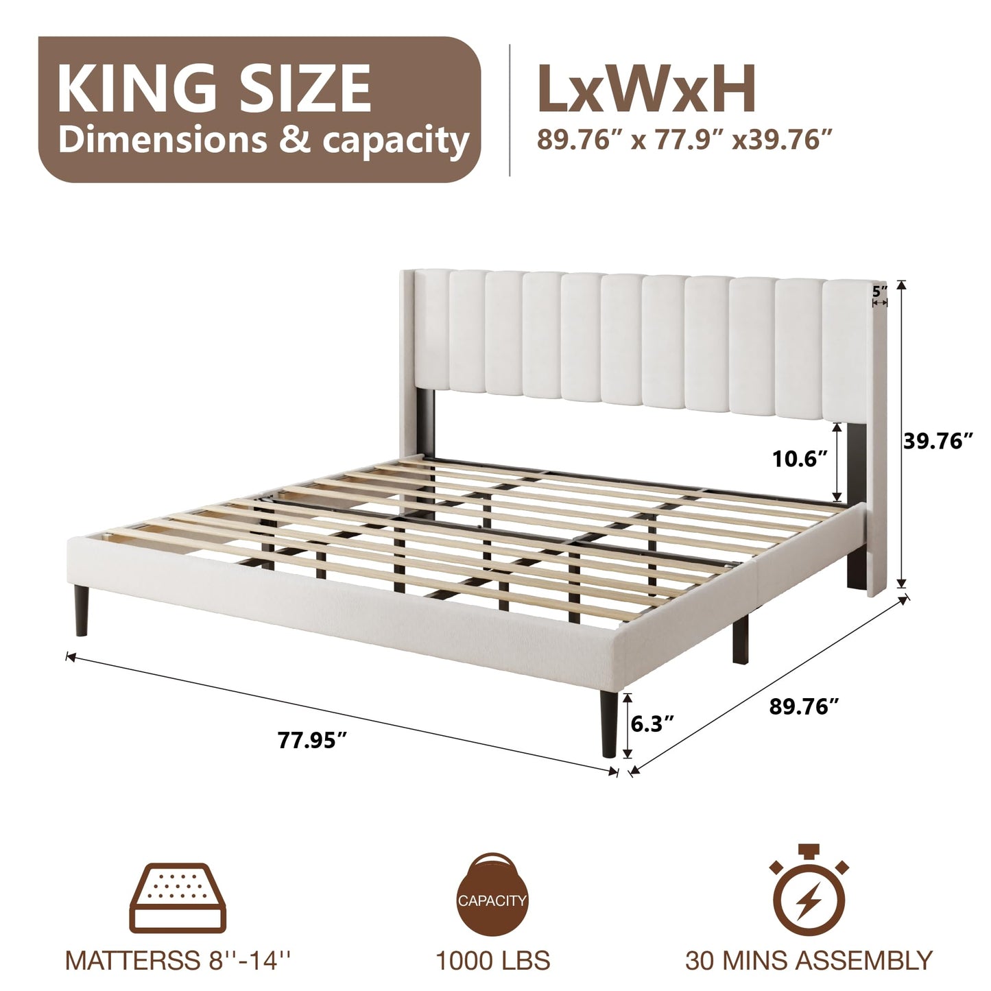HAOARA King Size Velvet Bed Frame and Vertical Chanel Tufted Headboard, Upholstered Platform Bed wtih Wingback, No Box Spring Needed, Strong Wooden Slats, White