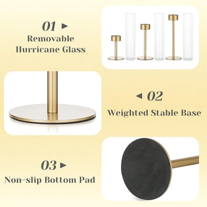 Hewory Gold Hurricane Candle Holders - Set of 3 Tall Brass Taper Holders for Elegant Table Decor