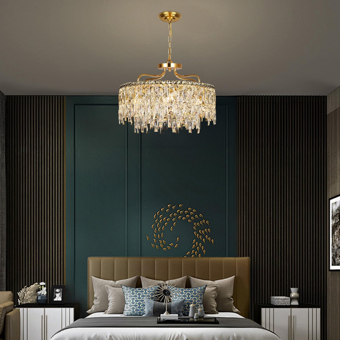 NISIDUN Gold Crystal Chandeliers for Dining Room Light Fixture, 24" Modern Round Chandeliers，8 Lights Luxury Ceiling Pendant Ceiling Lighting for Dining Room Bedroom Entryway Foyer Staircase