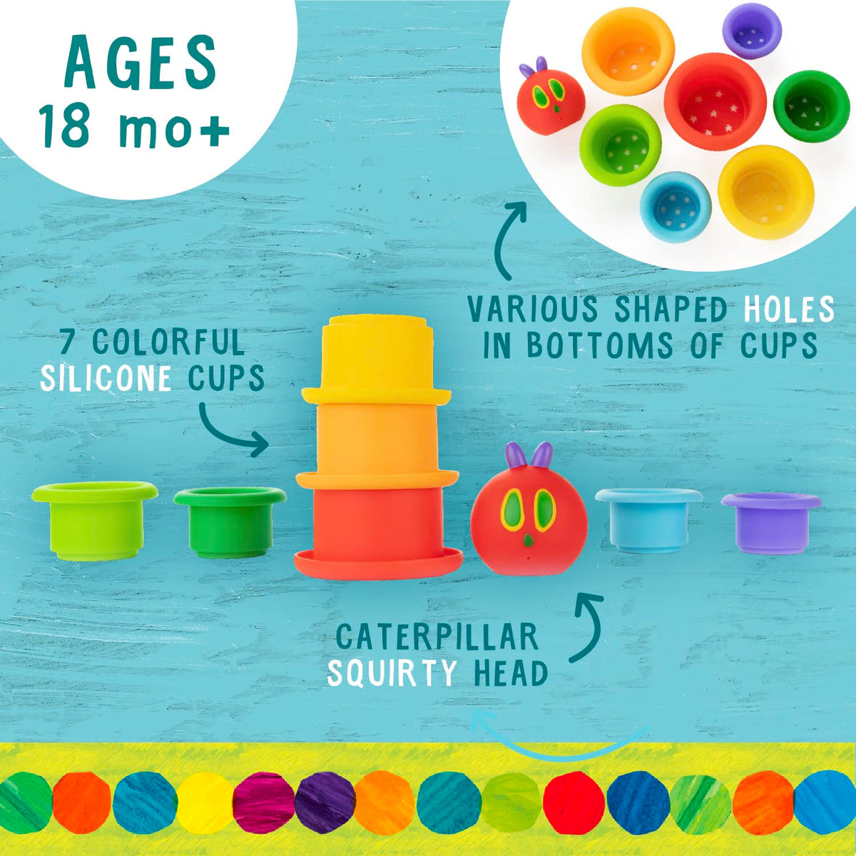Kids Preferred World of Eric Carle The Very Hungry Caterpillar Bath Time Stacking Cup Set with Caterpillar Head Squirty Perfect for Water Play Ages 18 Months and Up