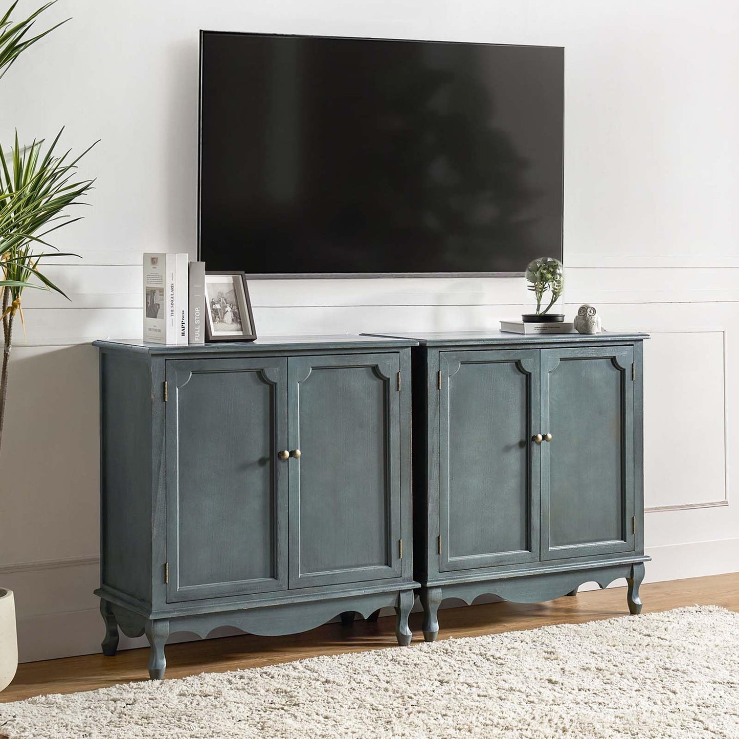 HULALA HOME Antique Accent Cabinet with 2 Doors, Buffet Cabinet with Storage, 2 Shelves Sideboard for Kitchen, Living Room, Blue