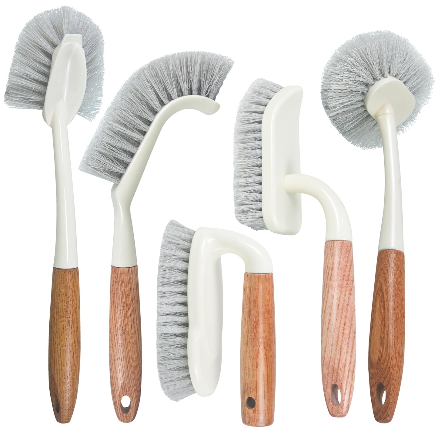 Attoshow 5-Pack Heavy Duty Scrub Brushes Set with Wooden Handles, Multi-Surface Scrubber for Kitchen, Bathroom, Tile & Grout, Includes Spherical, Triangle, Square & Dish Brush for Stubborn Stains