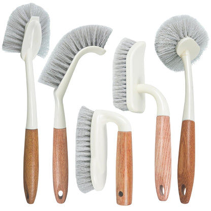 Attoshow 5-Pack Heavy Duty Scrub Brushes Set with Wooden Handles, Multi-Surface Scrubber for Kitchen, Bathroom, Tile & Grout, Includes Spherical, Triangle, Square & Dish Brush for Stubborn Stains