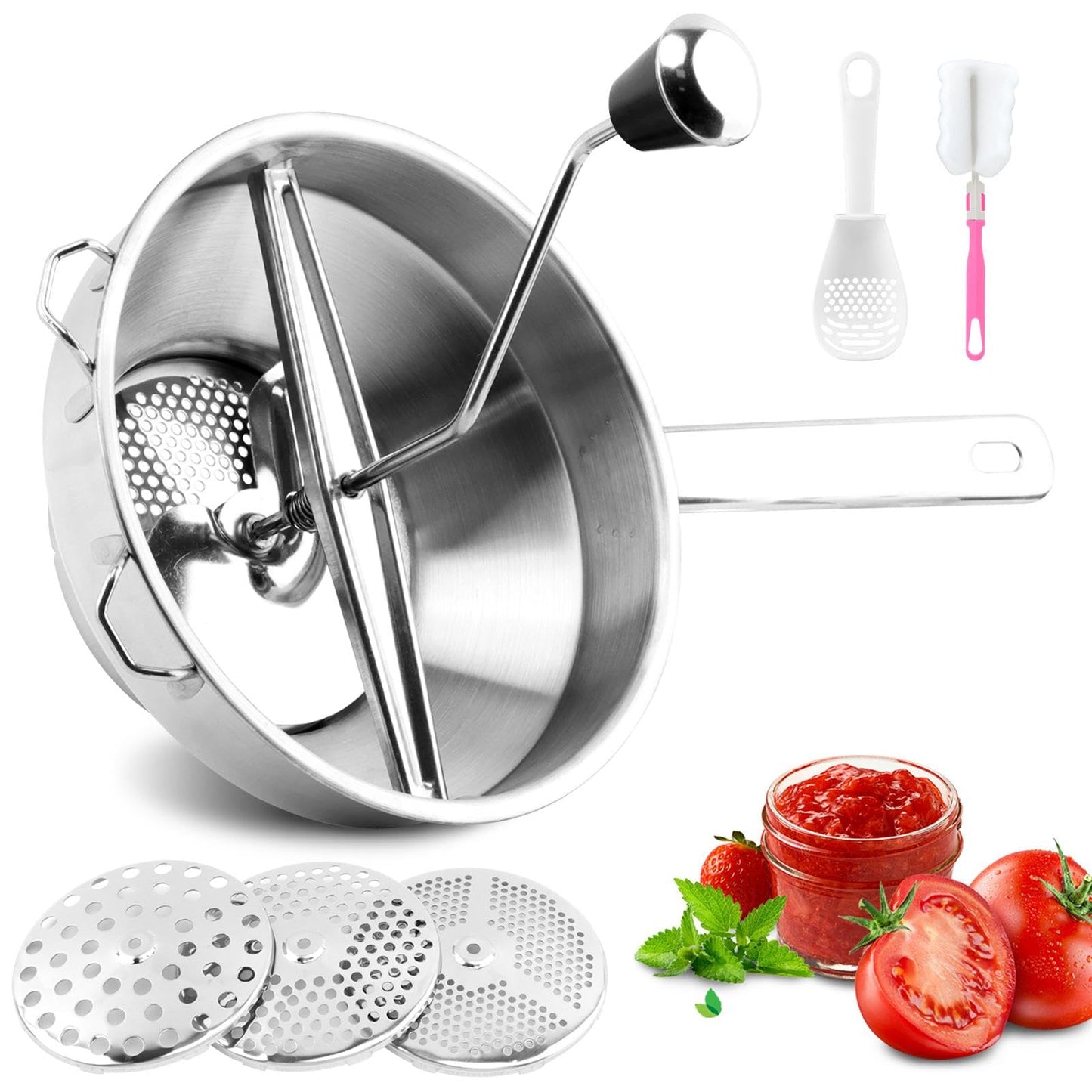 Ergonomic Food Mills With 3 Milling Discs, 8" Stainless Steel Rotary Food Mill with Hand Crank for Tomato Sauce, Mashed Potatoes(Sliver)