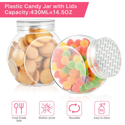 Elesunory 4-Pack 14.5 oz Clear Plastic Candy Jars with Lids, Airtight Candy containers for Individual Portions, Snacks, Treats & Crafts, Stackable, Shatterproof Kitchen Plastic Cookie Containers
