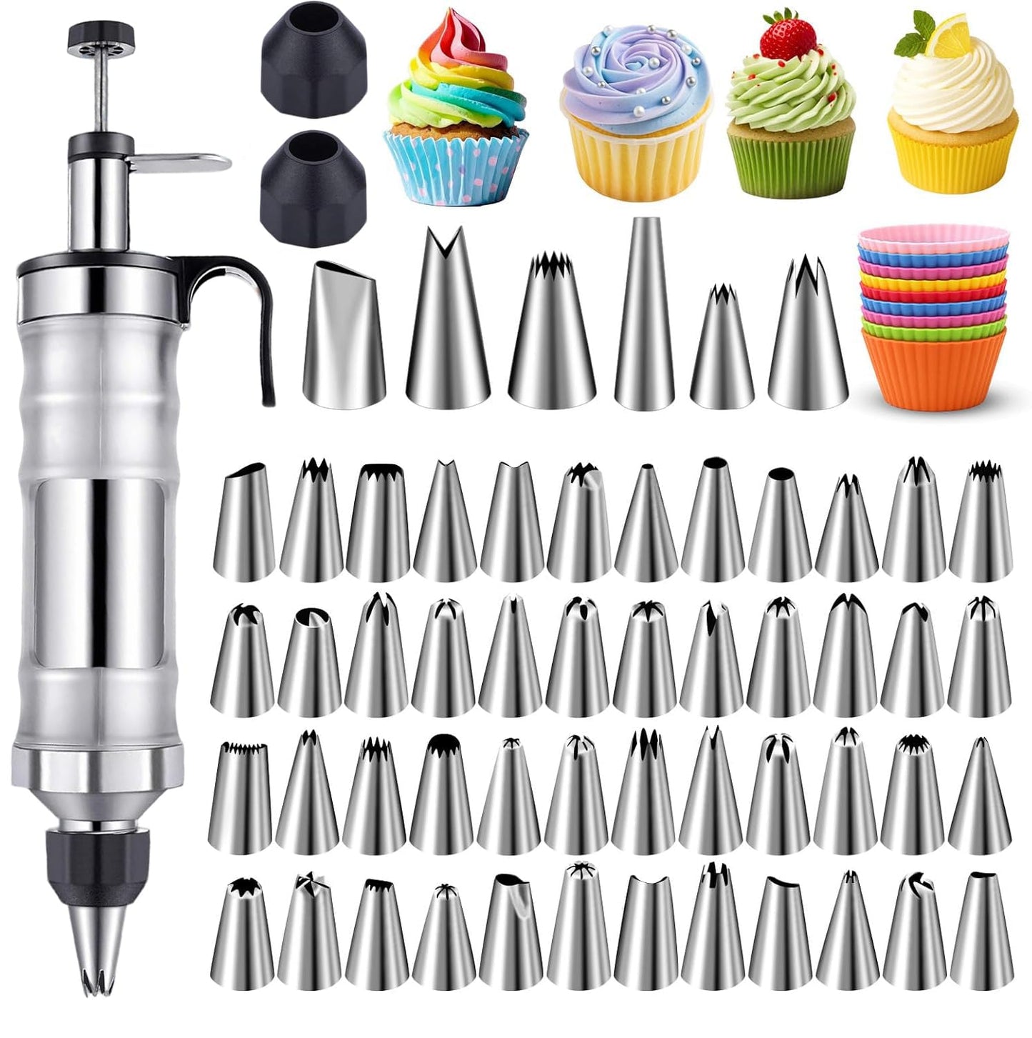 NOVANO Dessert Decorating Syringe Set, Frosting Piping Kit Stainless Steels Cake Decorating Kit with 54 Piping Tips & 9 silicone cupcakes, Cupcake Decorating Kit Piping Bags and Tips Set (Black)