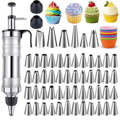 NOVANO Dessert Decorating Syringe Set, Frosting Piping Kit Stainless Steels Cake Decorating Kit with 54 Piping Tips & 9 silicone cupcakes, Cupcake Decorating Kit Piping Bags and Tips Set (Black)