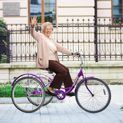 Brightpeak 1 Speed Adult Tricycle, 26 inch Cruiser Trike with Large Basket for Women Men Seniors, 3 Wheel Bike for Outdoor, Shopping, Recreation, Picnic (Purple)