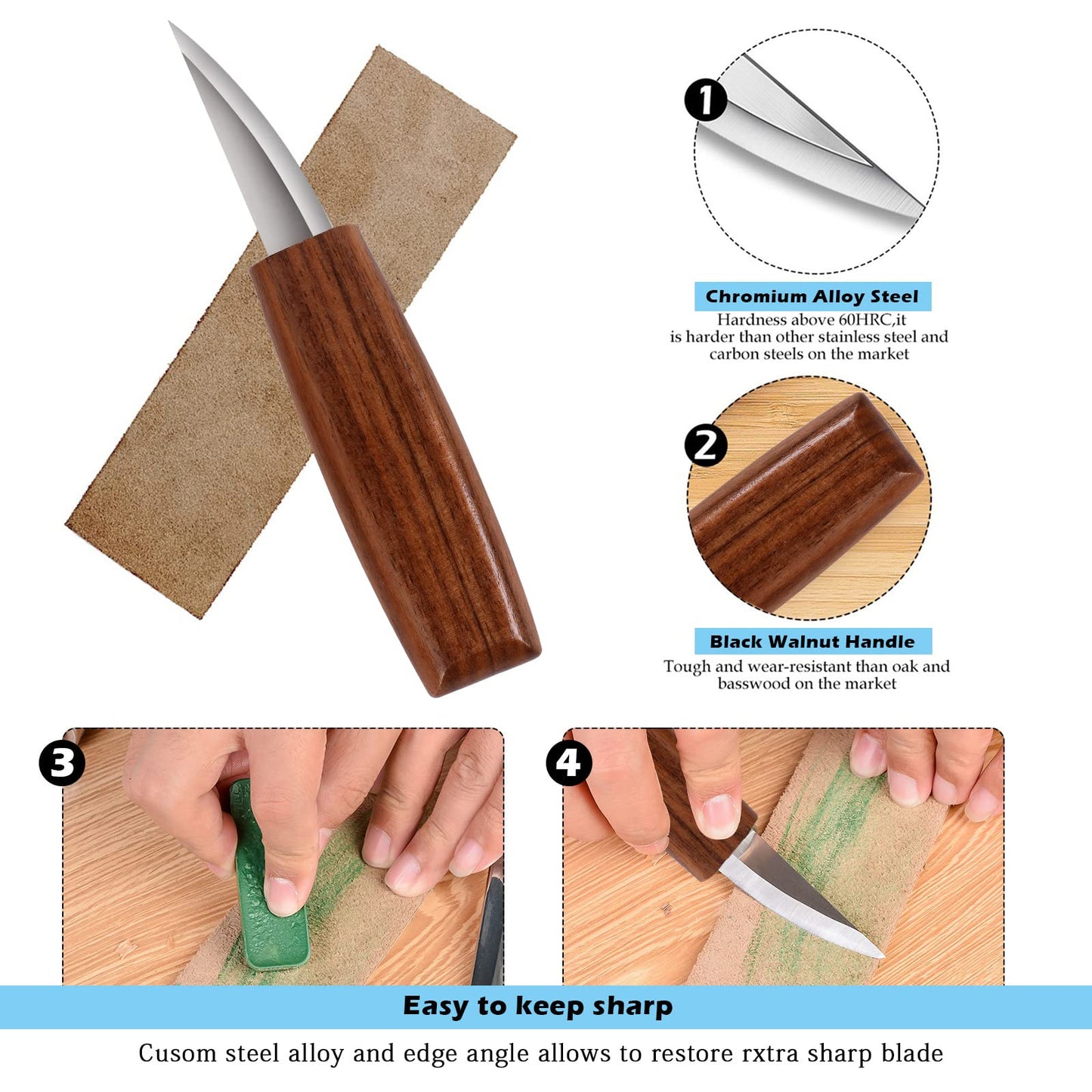 Sttargxing Wood Carving Tools Set,Detail and Hook Carving Knife Kit for Beginners,Trimming Knife for Spoon Bowl Cup Woodwork,Square handle design and 6pcs SK2 Carbon Steel Wood Carving Knives（10pcs）