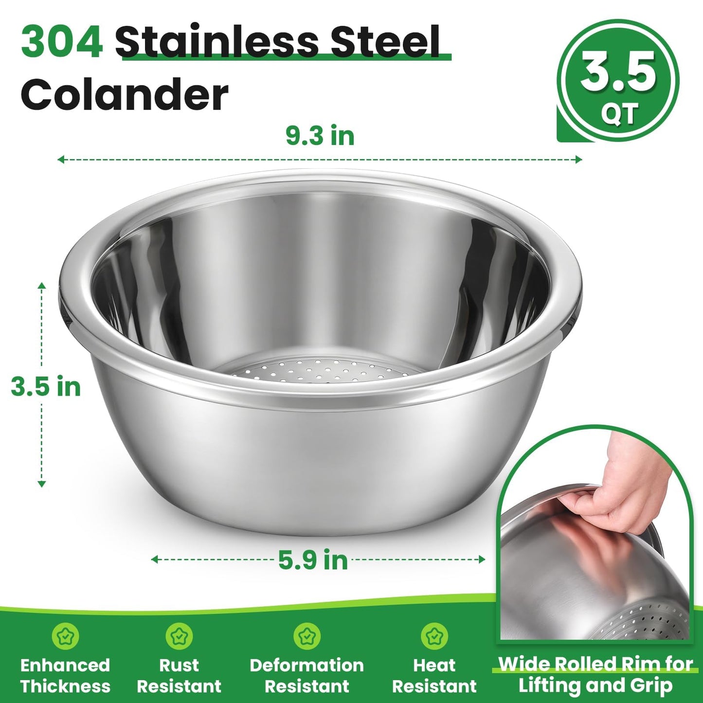 3.5QT Hands-Free 304 Stainless Steel Strainer and Colander with Self-Draining Base, Kitchen Microporous Strainers for Rice Pasta Fruits and Vegetables