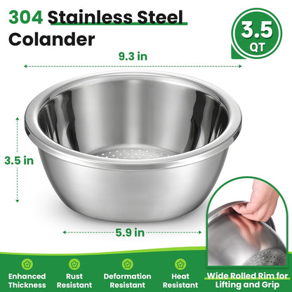 3.5QT Hands-Free 304 Stainless Steel Strainer and Colander with Self-Draining Base, Kitchen Microporous Strainers for Rice Pasta Fruits and Vegetables