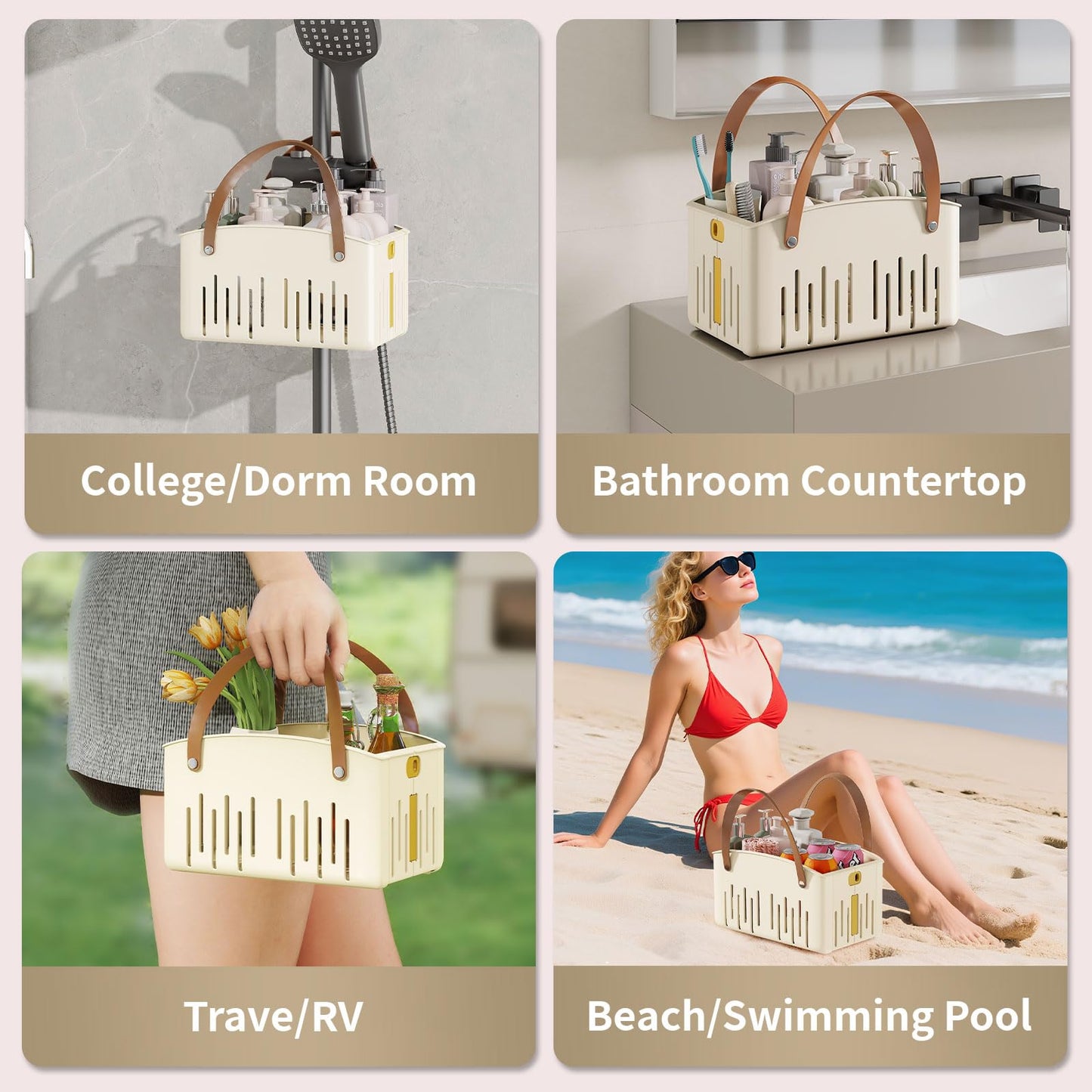 Portable Shower Caddy,Foldable Shower Caddy with Handle and Adjustable Divider,Plastic Shower Storage Basket,Quick Dry Bathroom Shower Organizer Bin for College,Dorm Room,Travel Essentials(Cream)