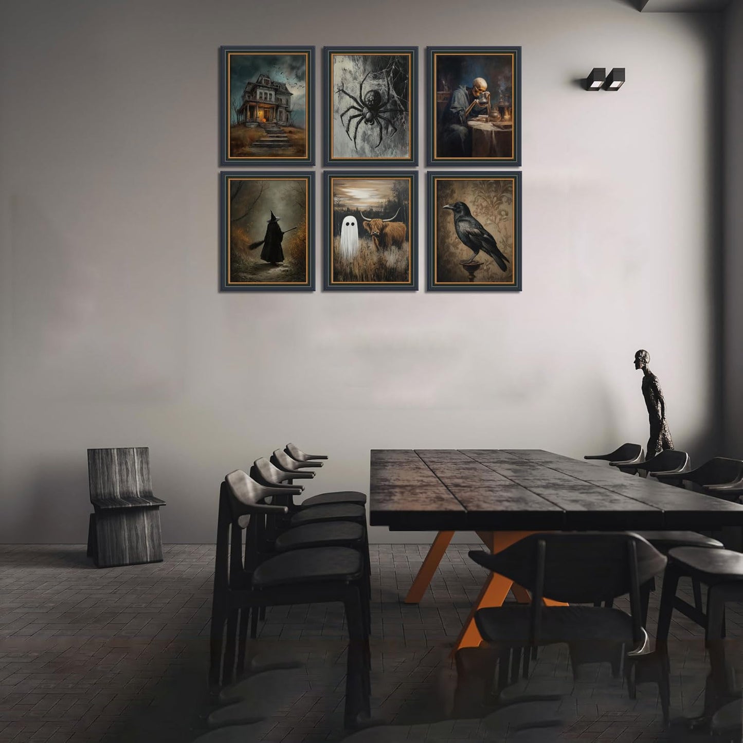 6Pcs Halloween Wall Art Creepy Dark Academia Wall Decor Pictures Ghost Wizard Skeletons Canvas Posters Prints for Gallery Living Room Bedroom Office Unframed