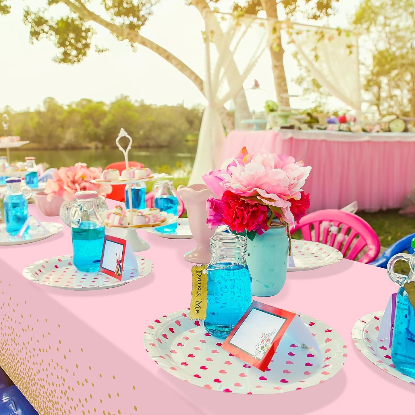 1 Pack 54x108" Pink and Gold Plastic Tablecloth for Parties, Pink Disposable Table Cloth for Rectangle Tables, Gold