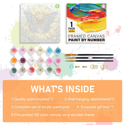 Framed Paint by Numbers Kit for Adults Beginners & Kids Ages 8-12, Butterfly Sunflower Acrylic Easy Paint by Number with Frame, Number Painting Kits on Canvas Framed (12 * 12 Inch, without Easel)