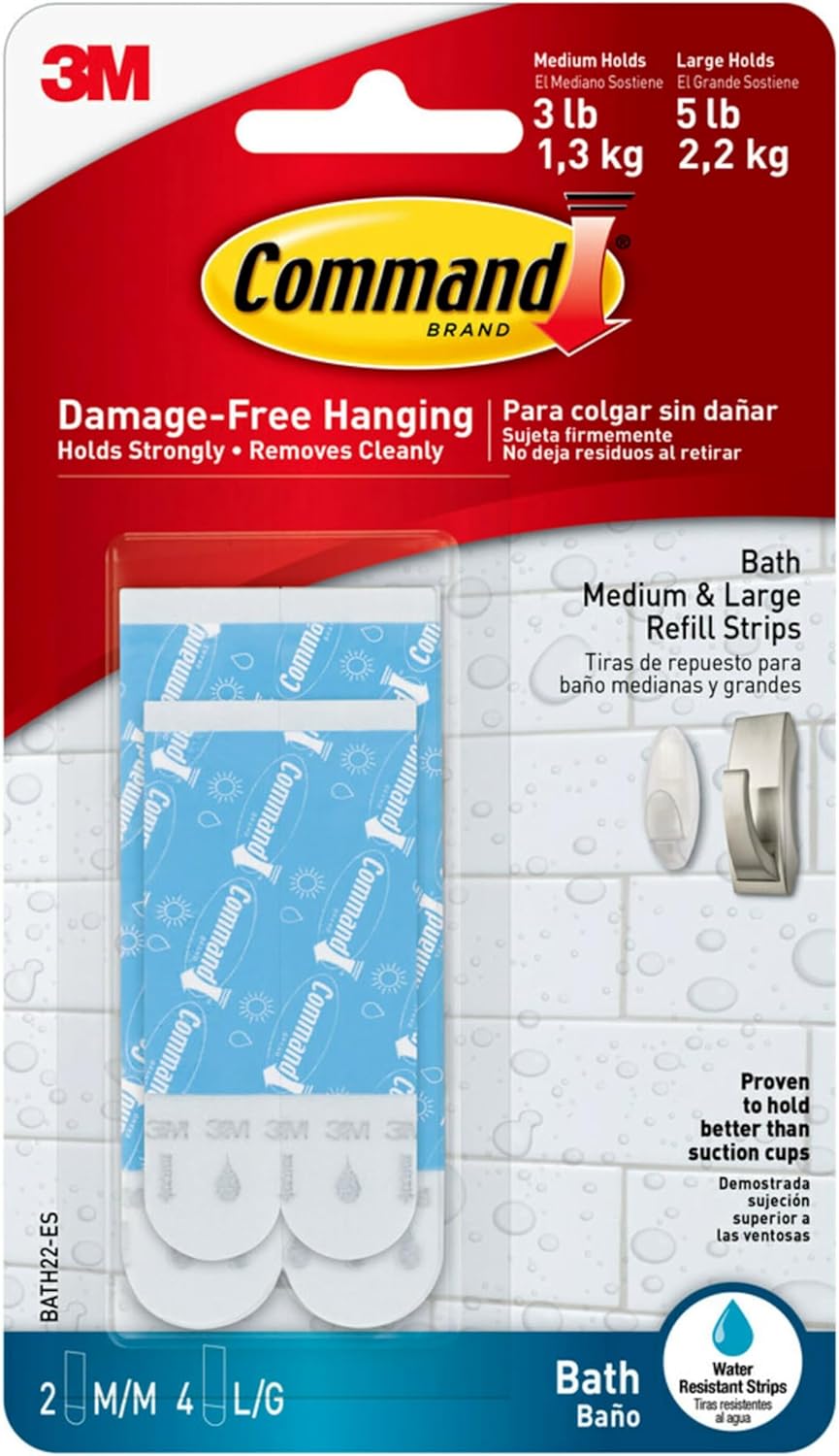Command 821079049512 Bath Water Resistant Refill, 2-Medium and 4-Large Strips, 1 Pack, Blue