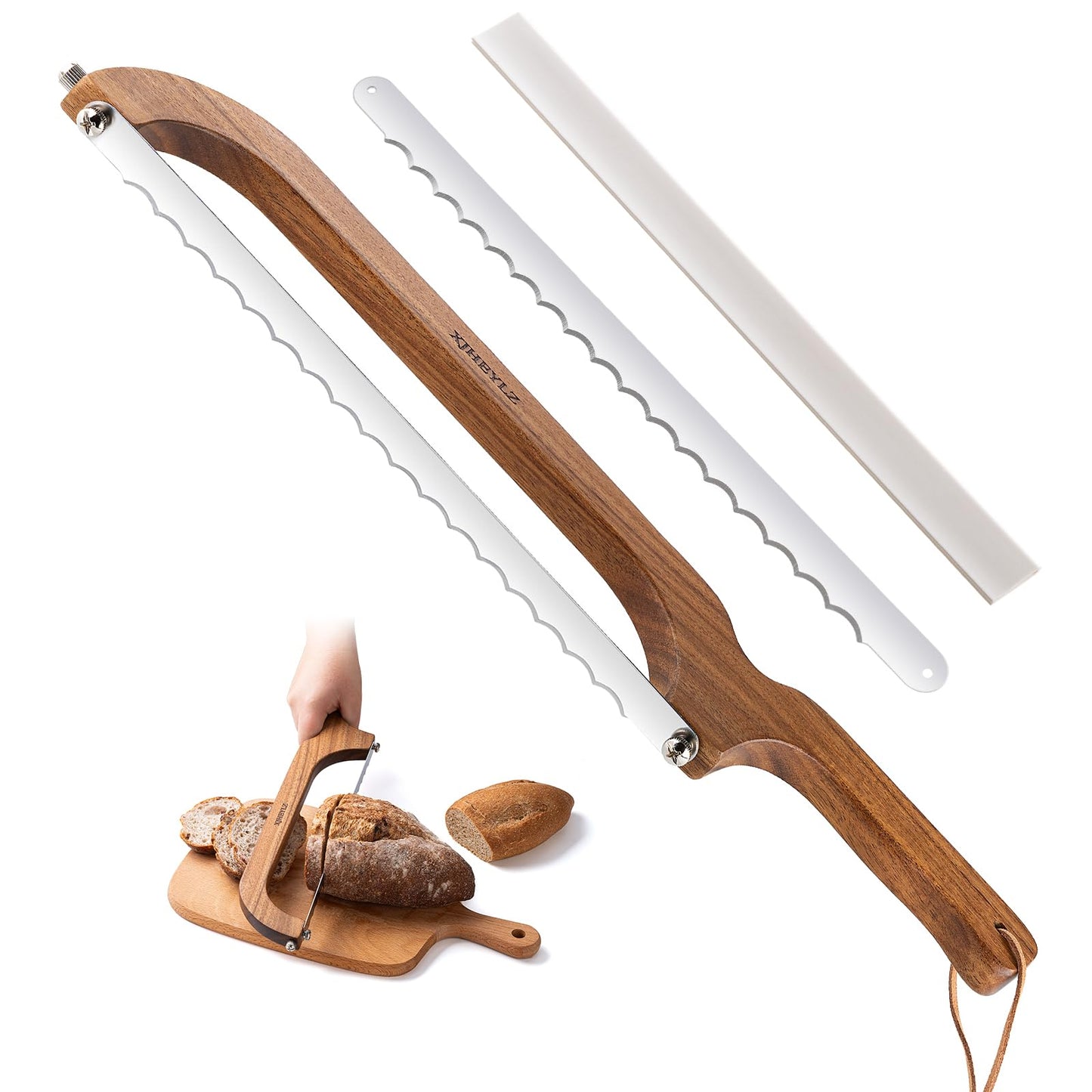 XJHEYLZ Sourdough bread knife,Bread Slicer for Homemade Bread,Adjustable blade tightness for Even Slicing, Serrated knife,Wooden Bread cutter with Bow Design (3, brown)