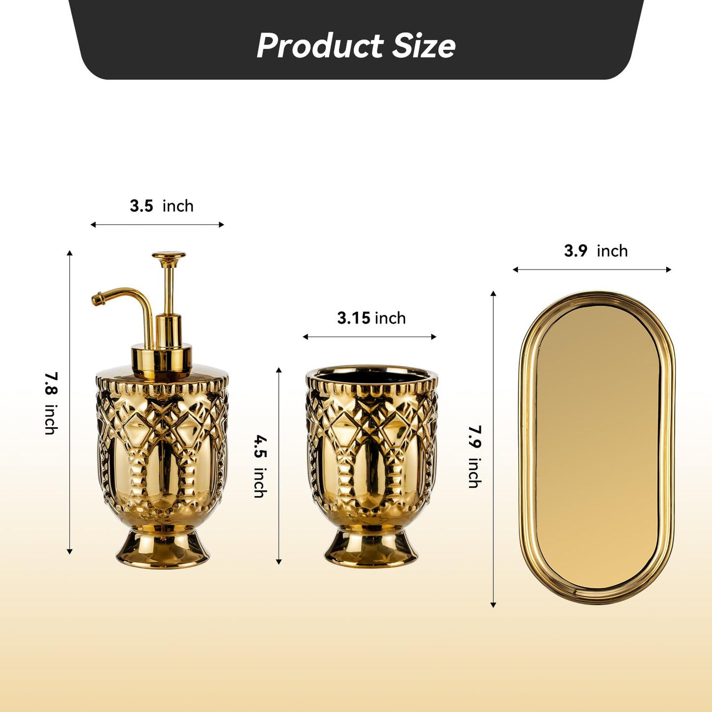 Gold Bathroom Accessories, 3pcs Ceramic Bathroom Set with Toothbrush Holder,Soap Dispenser, Bathroom Tray, Complete Bathroom Decor and Acessories Set