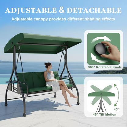3 Person Outdoor Adult Porch Swings Bed with Stand & Adjustable Canopy, Patio Swing Daybed with Foldable Side Tray w/Thicken Cushions for Adults for Balcony Garden Deck Green