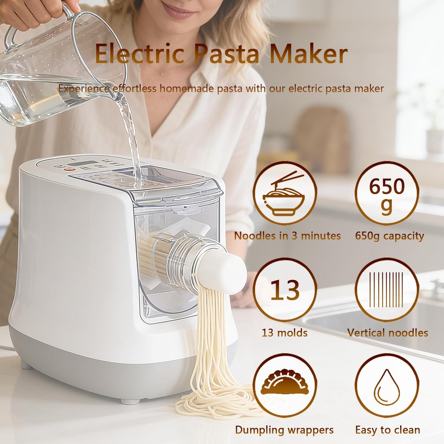 QCQDL Electric Pasta Maker, Automatic Noodle Maker Machine with 13 Types of Noodles Molds, for Homemade Spaghetti, Fettucine, Penne, Dumpling, 650G Large Capacity, Smart Button, with Display Screen