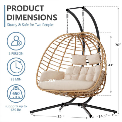 SWITTE Double Hanging Egg Chair with Stand, Outdoor Patio 2 Person Wicker Hammock Swing Chairs with Cushion Loveseat for Indoor Bedroom, Lawn, Garden-Beige