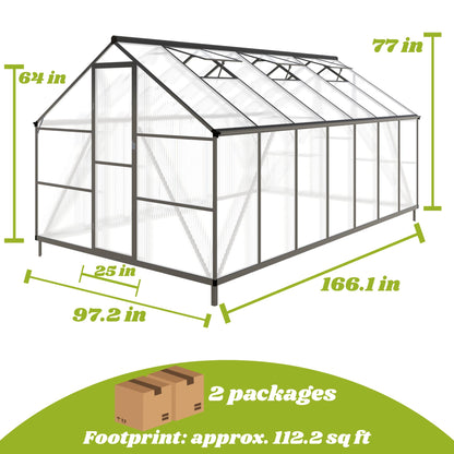 8 x 14 FT Greenhouse for Outdoors, Polycarbonate Greenhouse with Quick Setup Structure and Roof Vent, Aluminum Large Walk-in Green House for Outside Garden Backyard, Dark Gray