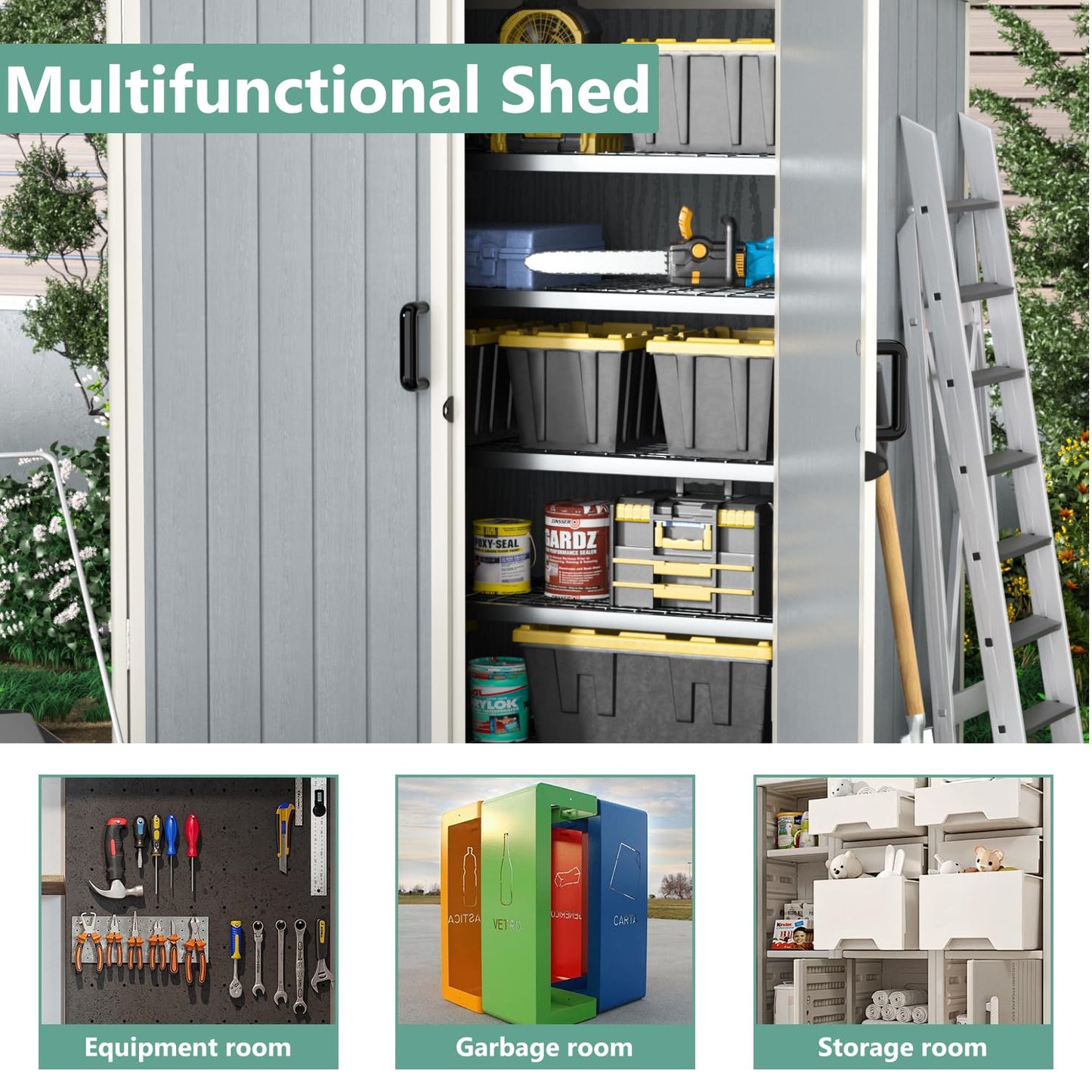 Aoxun Outdoor Storage Shed 5 x 3FT, Resin Shed with Floor and Lockable Door, Plastic Sheds for Garbage Can, Tool, Accessories, Lawn, Garden - Grey