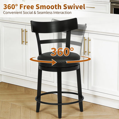 FDW Swivel Counter Height Bar Stools Set of 2 with Back, 24 Inch Upholstered Bar Stools, 360° Swivel Seat with Footrest, Black