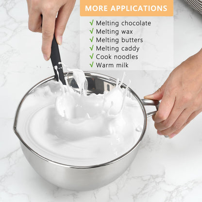 3PCS Double Boiler Pot Set, 2500ML/2.3QT Mixing Bowl with Scale 4000ML/ 3.6QT Stainless Steel Heating Pot with Silicone Spatula for Cheese Chocolate Candy Candle Soap Wax Melting (2500ml+4000ml)