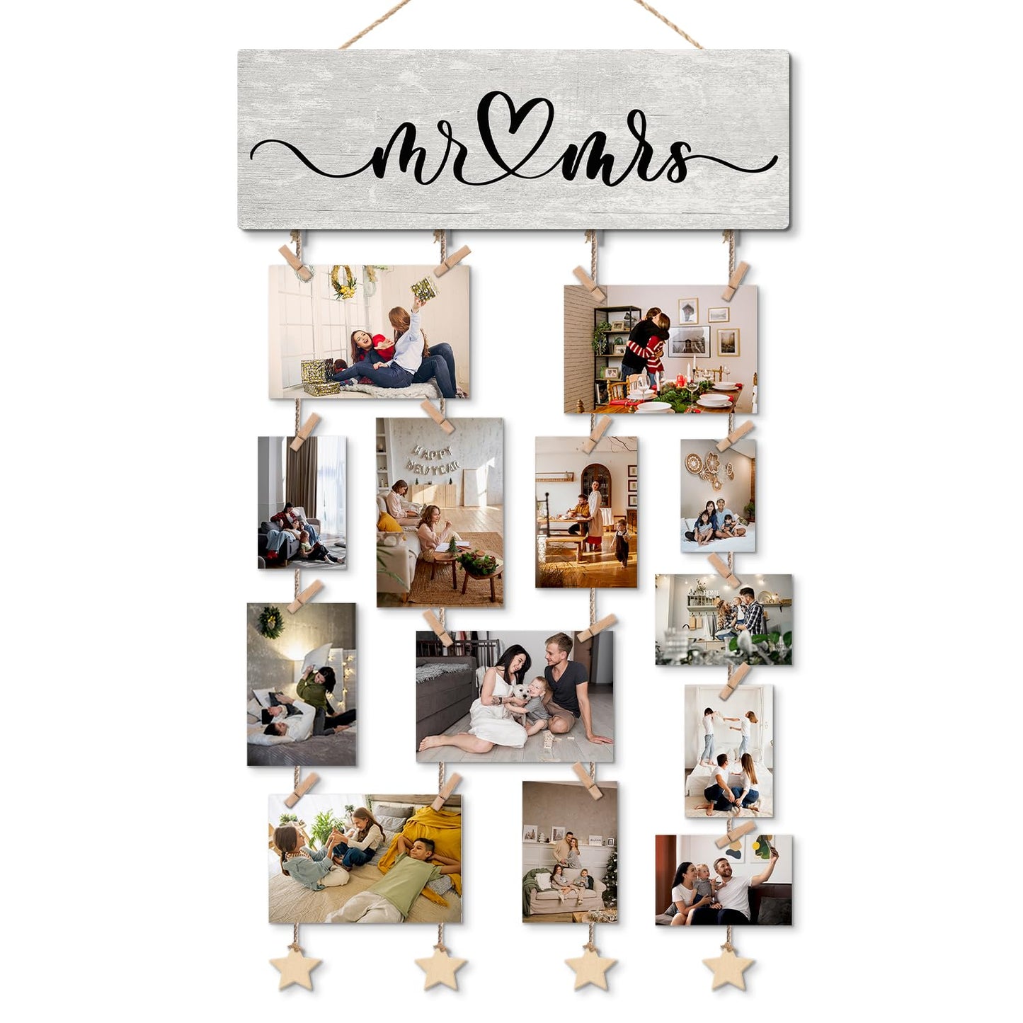 NaZaUK Mr & Mrs Bedroom Decor for Couples, Hanging Photo Display with Clips, Picture Frames Collage Photo Hanging Display, Couple Gift Ideas, Home Living Room Bedroom Wall Decor
